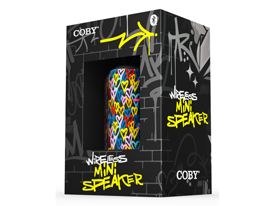 Coby - BOCINA PORTATIL COBY, TRUE WIRELESS STEREO DELGADO, COLOR NEGRO/MULTICOLOR DE CORAZONES (CSTW422GF1)