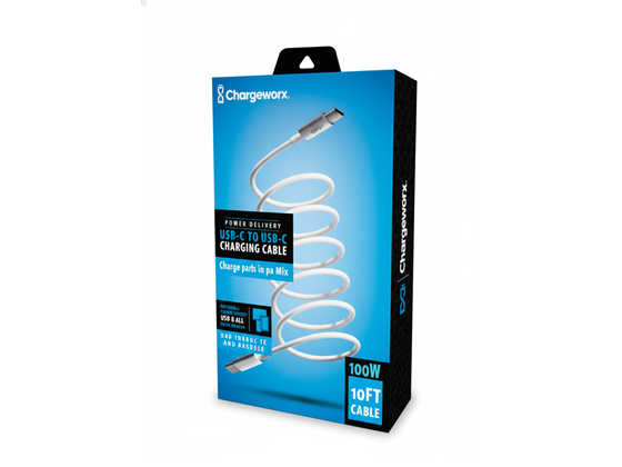 CHARGEWORX - CABLE USB-C TO USB-C,100W, 10FT, BLANCO
