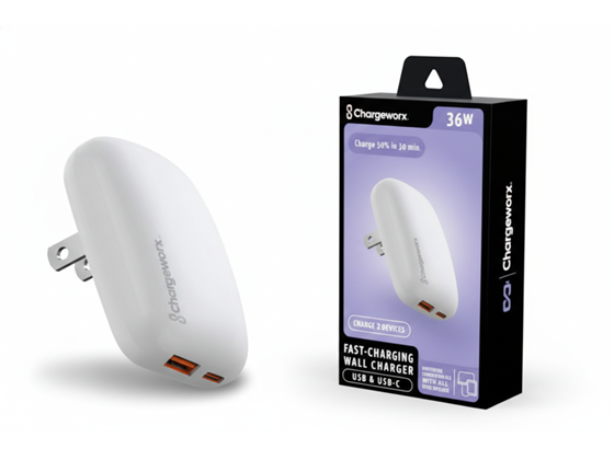CHARGEWORX - CARGADOR DE PARED DUAL USB-A Y USB TYPE-C PD 36W, BLANCO