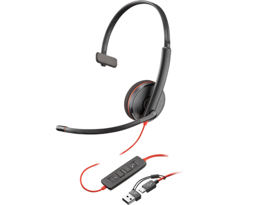 Poly HP - AUDIFONO CON MICROFONO  BLACKWIRE 3210, MONAURAL - USB-C HEADSET +USB-C/A ADAPTADOR - MONO - USB TYPE C- CON CABLE - 32 OHM - 20 HZ - 20 KHZ - CANCELACION DE RUIDO, NEGRO
