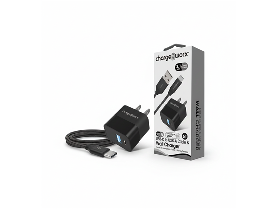 CHARGEWORX - CARGADOR DE PARED DUAL USB Y USB TYPE C + CONECTOR USB-C, 6FT, NEGRO