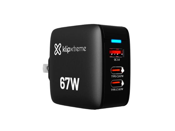 Klip Xtreme - CARGADOR DE PARED TRIPLE PUERTO USB-C®/USB-A 67W CON TECNOLOGÍA GAN – KLIP XTREME