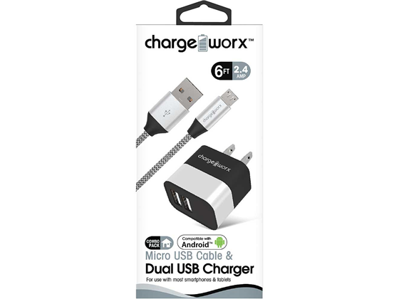 CHARGEWORX - CARGADOR DE PARED + CABLE MICRO USB, DUAL USB (2.4AMP), 6FT, METAL, PLATEADO