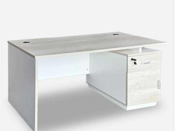 MYO - EESCRITORIO MYO CON BASE DE METAL, 3 CAJONES, GESTION DE CABLES, COLOR BEIGE Y BLANCO