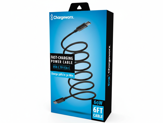 CHARGEWORX - CABLE USB-C TO USB-C,60W, 6FT, NEGRO