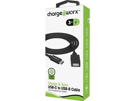 CHARGEWORX - CABLE USB- C / USB-B PARA SMARTPHONES & TABLETS, 3FT, NEGRO (CARGA RAPIDA)