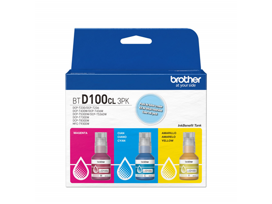 Brother - KIT DE 3 BOTELLAS DE TINTA BROTHER  - BTD100CL3PK  - COLOR (C/M/Y) - 108.0ML