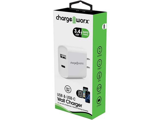 CHARGEWORX - CARGADOR DE PARED DUAL CHARGEWORX USB-C Y USB A, 30W, COLOR BLANCO.