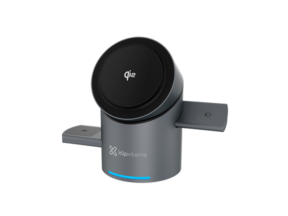 Klip Xtreme - CARGADOR INALAMBRICO POWER DESK SPIN, 3 EN 1, CARGA RAPIDA, MAGNETICO, 15W, HASTA 3 DISPOSITIVOS SIMULTANEOS (IPHONE - ANDRIOD), APPLE WATCH, AIRPOD