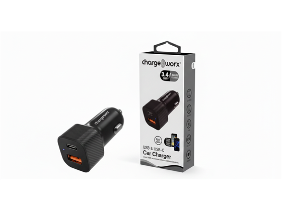 CHARGEWORX - CARGADOR PARA CARRO USB-A Y USB TYPE C, NEGRO