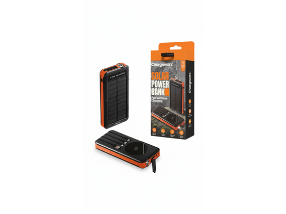 CHARGEWORX - CARGADOR MOVIL (POWER BANK) PANEL SOLAR, CHARGEWORX, BATERIA RECARGABLE 16,000MAH, CABLE DE CARGA INTEGRADO LIGHTNING, 2 X USB-C, LINTERNA NEGRO/ NARANJA
