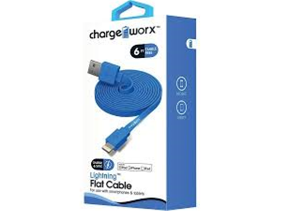 CHARGEWORX - CABLE PARA SMARTPHONES & TABLETS, CABLE PLANO, LIGHTNING, 6FT, AZUL