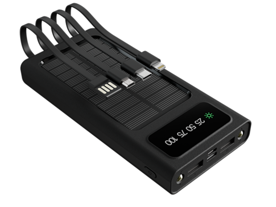 Xtech - CARGADOR MÓVIL (POWER BANK) CON PANEL SOLAR Y CABLES INTEGRADOS (1X USB MICRO - 1X USB-C - 1X LIGHTNING), 2X USB-A Y 1X USB-C (ENTRADA Y SALIDA), PANTALLA LED, 2 LINTERNAS LEDS, 10.000MAH