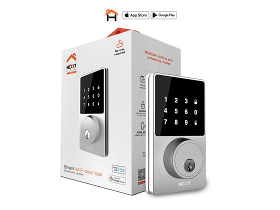 Nexxt - CERRADURA PARA PUERTA SMART WIFI, TECLADO DIGITAL, FUNCIONA CON APPLICACION, LLAVE REGULAR, COMANDO DE VOZ, FUNCION DE SEGURO AUTOMATICO, 4 X BATERIAS AA