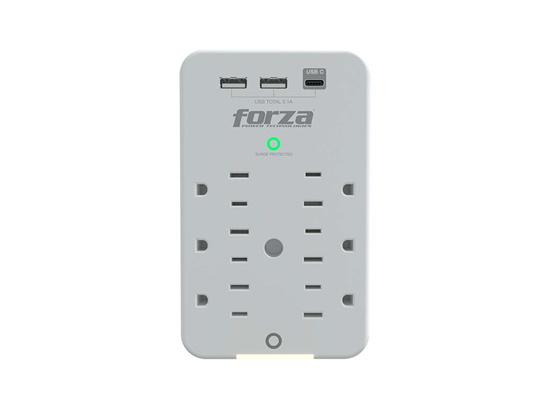 Forza - TOMACORRIENTE, 6 TOMAS + 2 PUERTOS USB-A + 1 USB-C, LUZ NOCTURNA, PROTECTOR SOBRETENSIÓN, 110/220V - 490 JOULES / 1875 WATTS