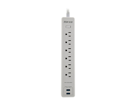 Forza - PROTECTOR DE SOBRETENSIÓN FORZA – 1680W / 1200J, 6 SALIDAS, ENCHUFE PLANO, INDICADOR LED