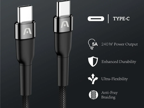 Argom - CABLE TIPO-C A TIPO-C ARGOM DE CARGA Y SINCRONIZACIÓN ULTRA RÁPIDA 240W, 5A, NYLON TRENZADO, TERMINALES 6X REFUERZADAS, CARCASA ABS PREMIUM