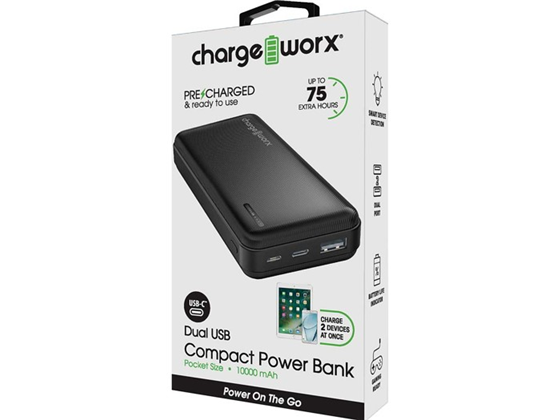 CHARGEWORX - CARGADOR MOVIL (POWER BANK) + FLASHLIGHT,  10,000MAH, DUAL USB, CARGA RAPIDA,