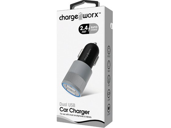 CHARGEWORX - CARGADOR PARA CARRO DUAL USB (2.4AMP), BLANCO/GRIS, CARGA RAPIDA