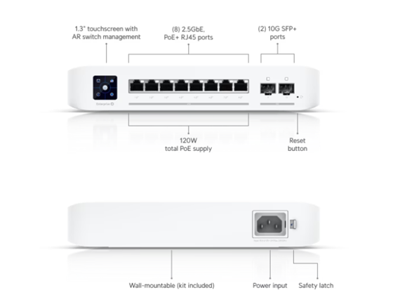 Ubiquiti - SWITCH UBIQUITI USW-ENTERPRISE-8-POE, 8 PUERTOS RJ45 2.5GBE POE+, 2 SFP+ 10GBE, 120W, LAYER 3, COMPACTO.
