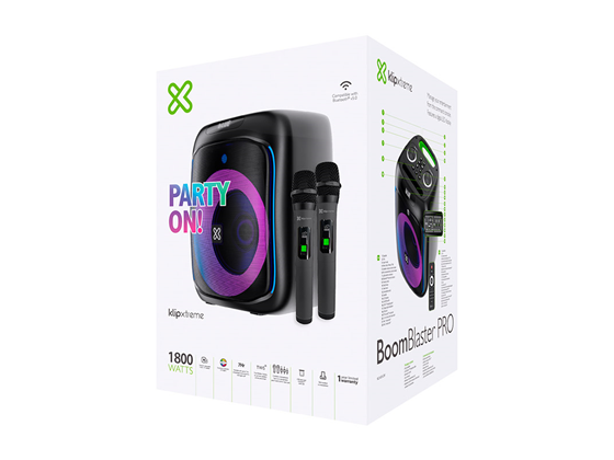 Klip Xtreme - BBOCINA  BOOMBLASTER X, 1800 WATTS RMS, HASTA 7 HORAS DE REPRODUCCION, LUCES LED, 2 MICROFONOS INCLUIDOS, COMPATIBLE CON TWS, BT 5.0, MICRO SD