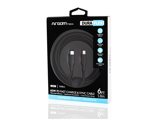 Argom - CABLE TIPO-C A TIPO-C  6 PIES, 65W PD CARGA RÁPIDA, FLEXIBLE, NEGRO.