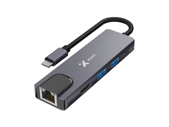 Xtech - HUB USB-C MULTIPUERTOS 5 EN 1, 1X HDMI HEMBRA 4K, 2X USB-A 3.0, 1X USB-C 100 WATTS, 1X RJ45 GIGABIT
