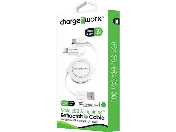 CHARGEWORX - CABLE USB A LIGHTNING + MICRO USB, PARA IPHONE, BLANCO