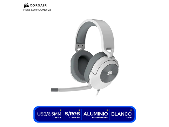 Corsair - AUDIFONO CON MICROFONO HS55 SURROUND V2, GAMING, STEREO , DOLBY ATMOS EN PC, CONECTOR 3.5", BANDA AJUSTABLE, CONTROL DE VOLUMEN Y MIC, ALMOHADILLAS ACOLCHADAS PARA LARGAS HORAS DE JUEGO, COMPATIBLE CON XBOX ONE / X, PS4 / 5, COLOR WHITE