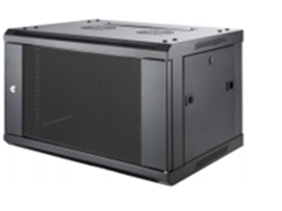 Agiler - GABINETE DE PARED 9U, 19" 600 X 450, PUETA FRONTAL CON CRISTAL TEMPLADO CON CERRADURA, BLACK, PANELES LATERALES ABIERTOS, NO ABANICO.