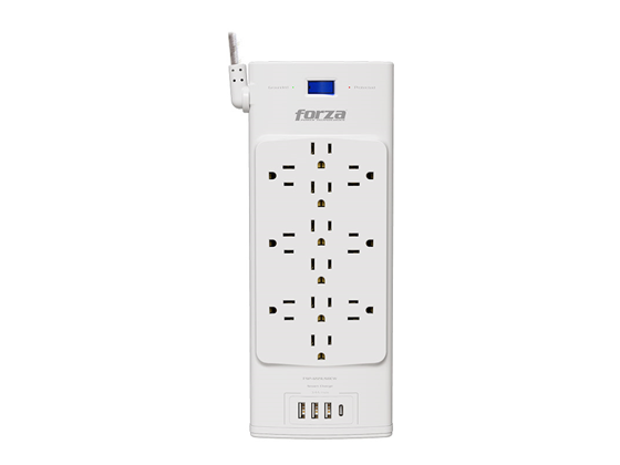 Forza - PROTECTOR SUPRESOR, REGLETA 12 TOMAS 110V/1625W/2700J, 3X USB-A + 1X USB-C PARA CARGA, INDICADOR LED, FSP-1221USBCW, CONECTOR PLANO.