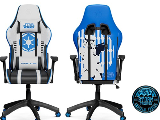 Primus - SILLA GAMING PRIMUS STORM TROOPER THRONO 200S, ESPALDAR ALTO AJUSTABLE, REPOSO DE BRAZOS, ESPALDA Y CABEZA, ALTURA AJUSTABLE Y BASE CON RUEDAS ROBUSTAS, BLANCO / AZUL