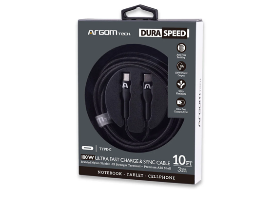 Argom - CABLE TIPO-C A TIPO-C ARGOM DURA SPEED, 3M/10FT, 100W, 5A, NYLON TRENZADO