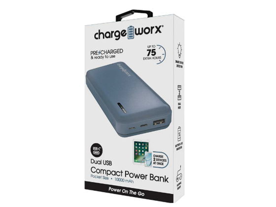 CHARGEWORX - CARGADOR MOVIL (POWER BANK) + FLASHLIGHT,  10,000MAH, DUAL USB, CARGA RAPIDA,