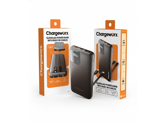 CHARGEWORX - CARGADOR MOVIL (POWER BANK) CHARGEWORX, BATERIA RECARGABLE 12,000MAH, CABLE DE CARGA INTEGRADO NEGRO