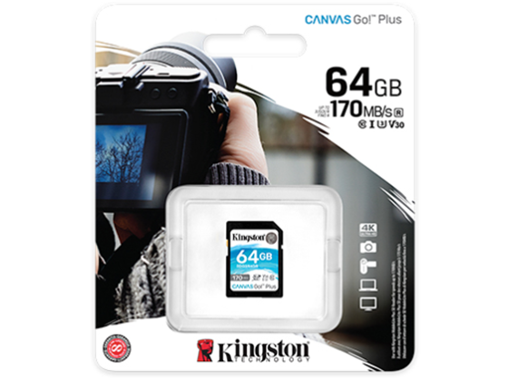 Kingston - MEMORIA SD CANVAS GO PLUS  170MB/S C10, UHS-I, TARJETA SD (SDG3/64GB)