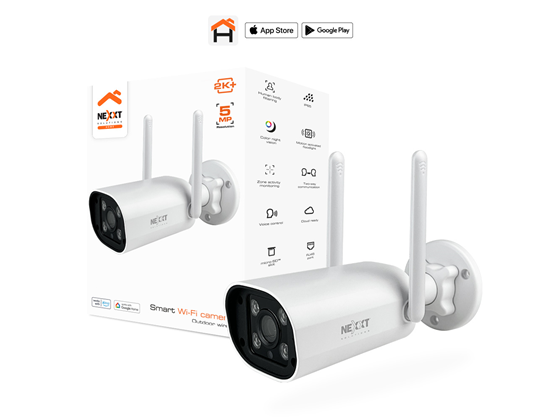 Nexxt - CAMARA DE VIGILANCIA EXTERIOR, SMART WIFI (HOME AUTOMATION), 2K+, 5MP, FIJA, DIA Y NOCHE, RANURA PARA MICRO-SD, APLICACION DE GRABACION, LUCES AUTOMATICAS 90 LUMENS, FILTRO PARA CUERPO HUMANO, IP65, VISION NOCTURNA A COLOR